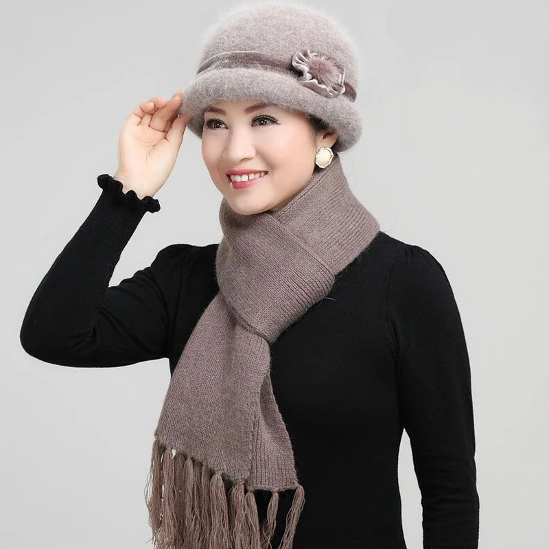 

New Rabbit Hair Female Cap Winter Hat Wool Knit Middle-aged Mother Hat Suit Warm Women's Cap Beanie Hats Scarf 2Piece Set