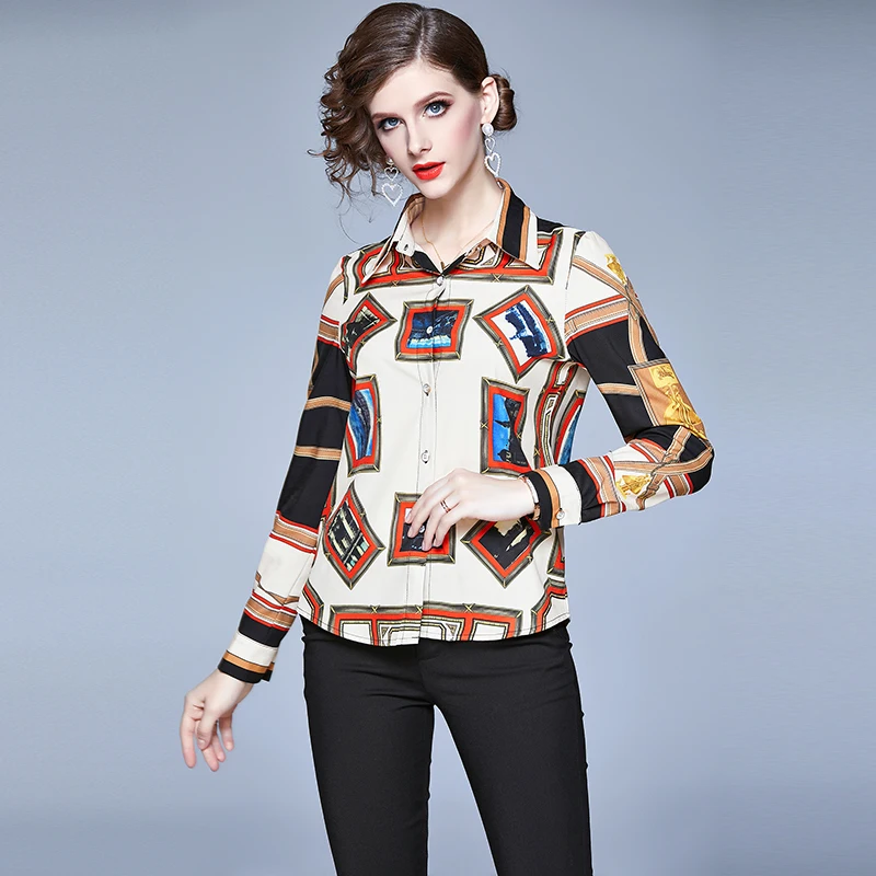 Женская блузка с длинным рукавом элегантная офисная принтом в стиле ретро осень
