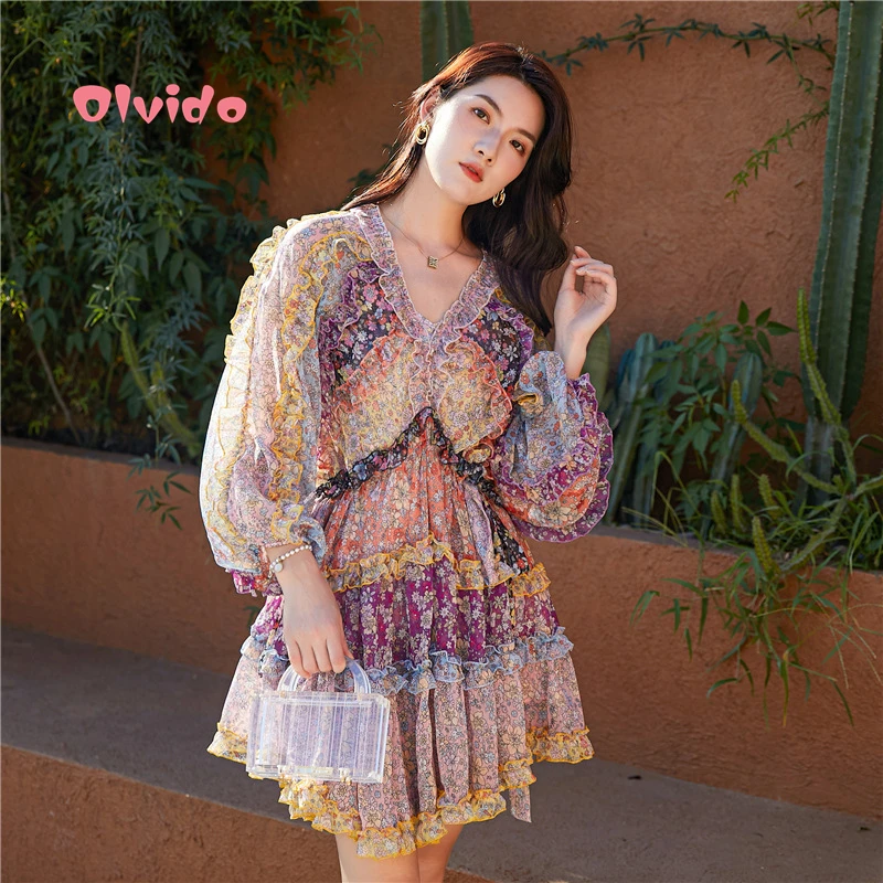 

High Quality Bohemian Floral Chiffon Dress Summer New Designer Women's Stitching Lantern Sleeves V-Neck Mini Holiday Beach Dress