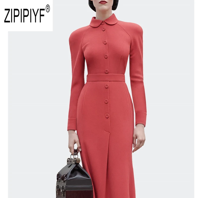 Винтажные модные женские платья с отложным воротником и длинным рукавом