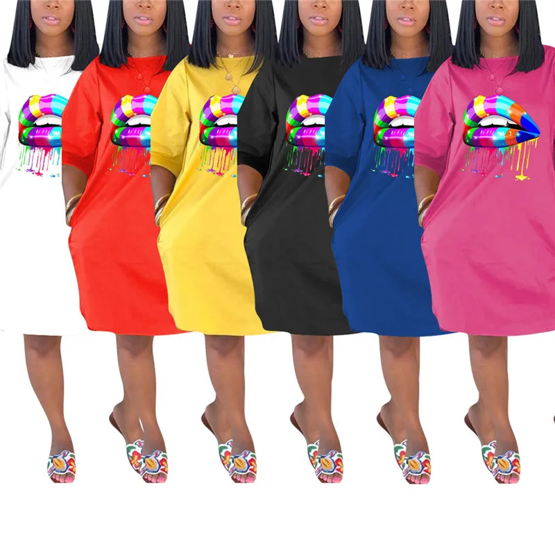 Женская Сексуальная Повседневная футболка платье с коротким рукавом и принтом в