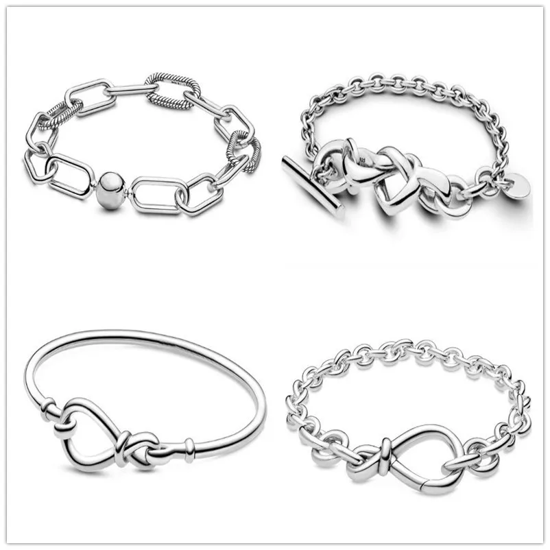 

925 Sterling Silver Bracelet Knotted Heart Heart-embellished T-clasp Link Bangle Fit Women Bead Charm pandora Jewelry