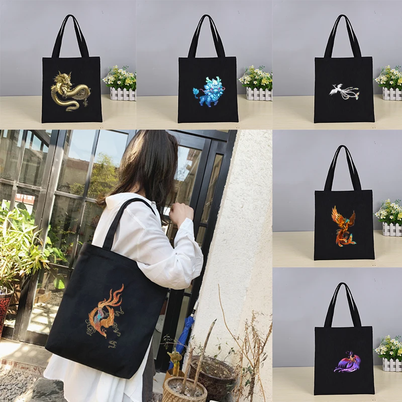 

Chinese Dragon Black Harajuku Kawaii Tote Bag Customizable Logo Luxury Designer Handbags Cloth Shopping Bags for Groceries