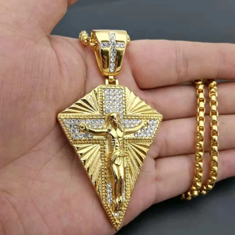 Многоугольник нержавеющая сталь Золотой Крест Иисуса колье с подвеской в виде
