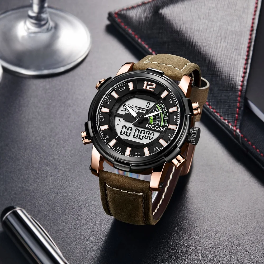 Часы MEGIR Мужские кварцевые аналоговые спортивные цифровые в стиле милитари с
