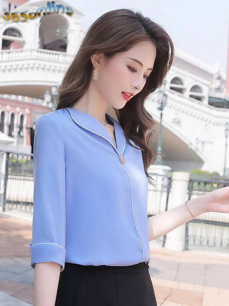 Блузка женская с рукавом до локтя элегантная белая Деловая одежда офисный Топ