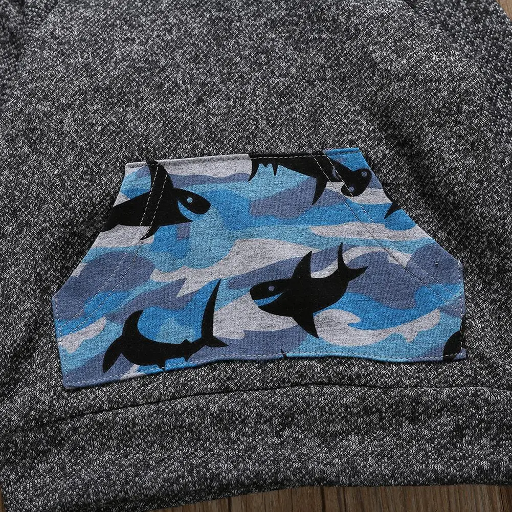 Baby Infant Boy 2pcs Sets Fashion Trend Shark Clothes Pockets Winter Personality Printing Hoodie Sweatershirt Pants