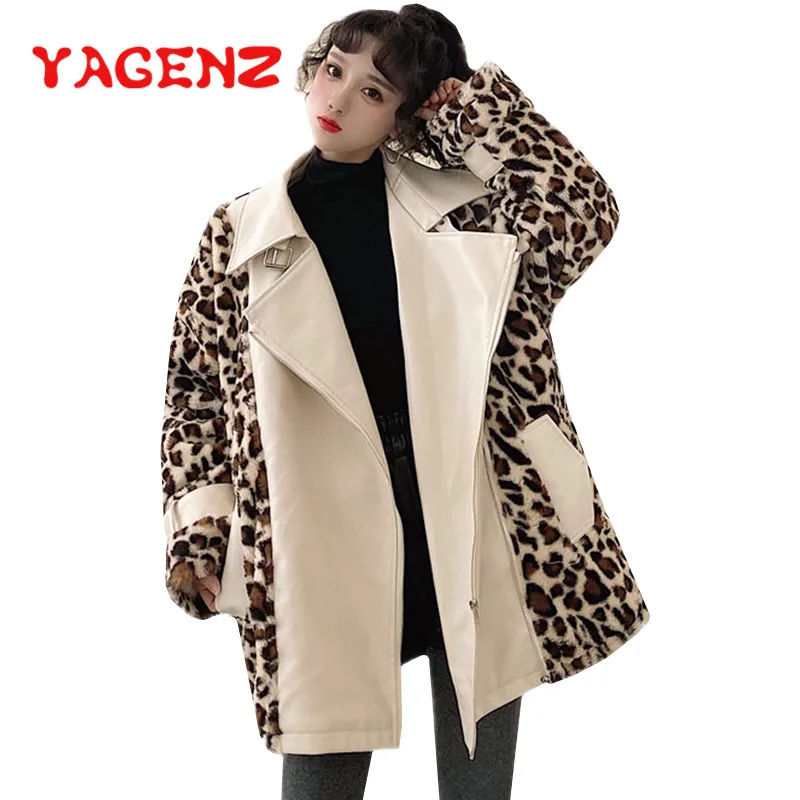 

Женская зимняя кожаная куртка YAGENZ с леопардовым принтом, плюшевая кожаная куртка, женское длинное пальто, модная байкерская куртка 576