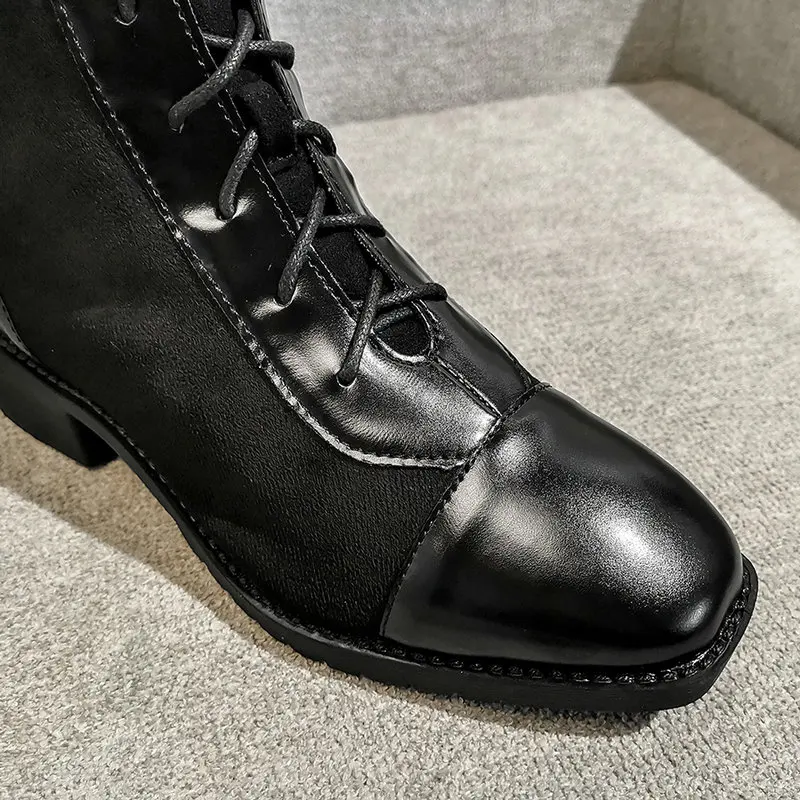 

Fashion Ankle Boots Women High Quality Low Heel Long Boots Square Toe Lace Up Zipper Autumn Winter Motorcycle Women's Boots