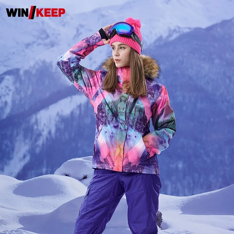 

Winter Women Snowboard Jacket Fur Collar Hoody Thick Warm Skiing Coat Colorful Printed Outdoor Snowboarding Ski Overcoat Sports