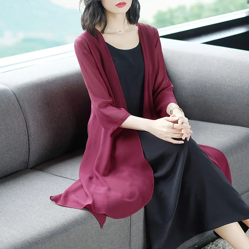

Long Jacket Women Spring Thin Loose See-through Sunscreen Pure Summer Sexy Coat Chiffon Bohemian Female New Fashion Tops Y568