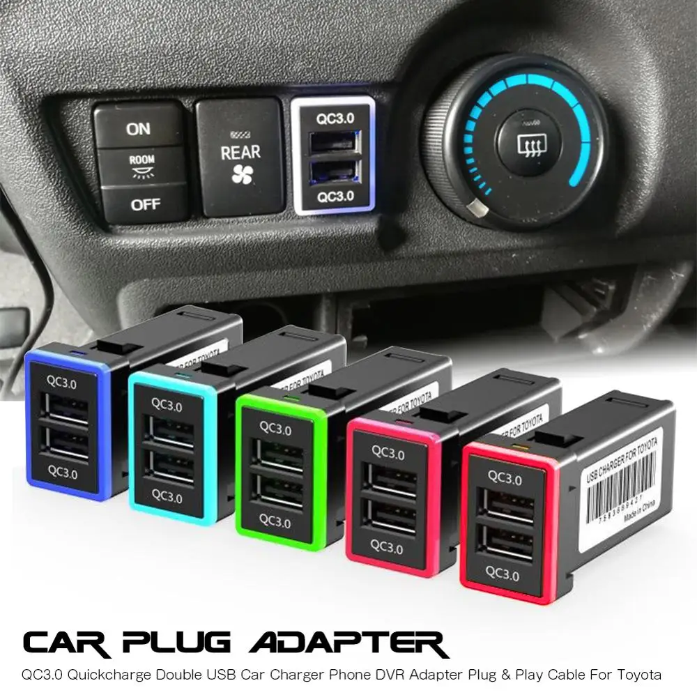 

Автомобильное зарядное устройство с поддержкой быстрой зарядки QC3.0, два USB-порта, адаптер для телефона, КПК, DVR, кабель Plug & Play для Toyota
