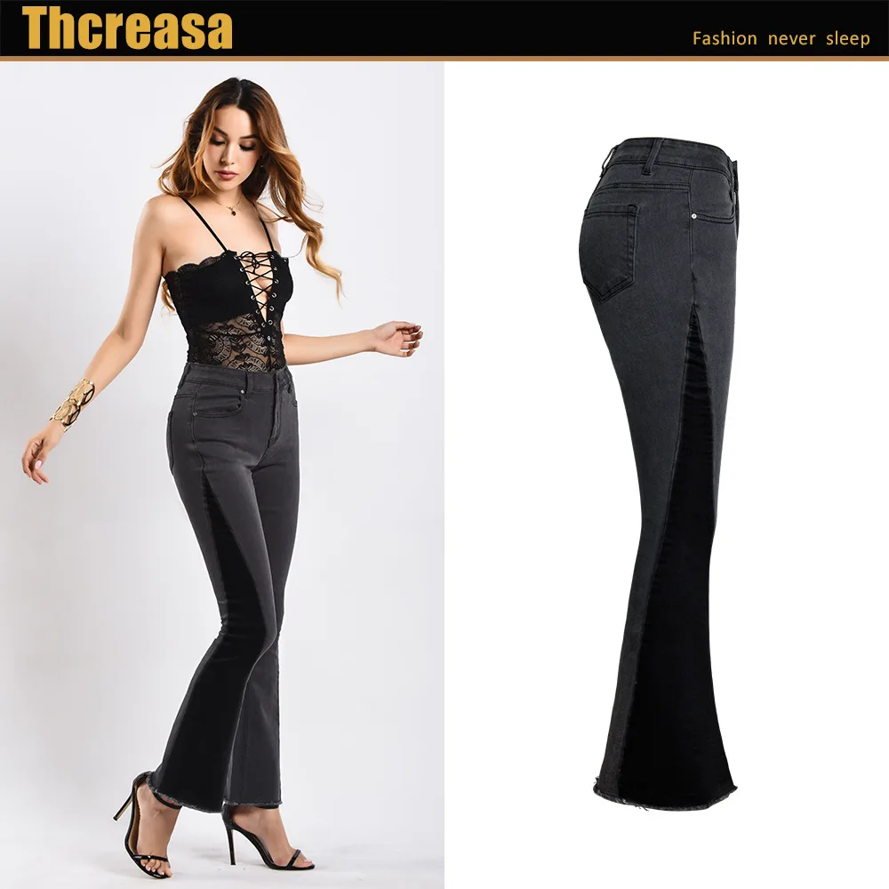 European And American Women's Black Wide Leg Pants Foot Mouth Contrasting Color Cowboy Bell-bottom |
