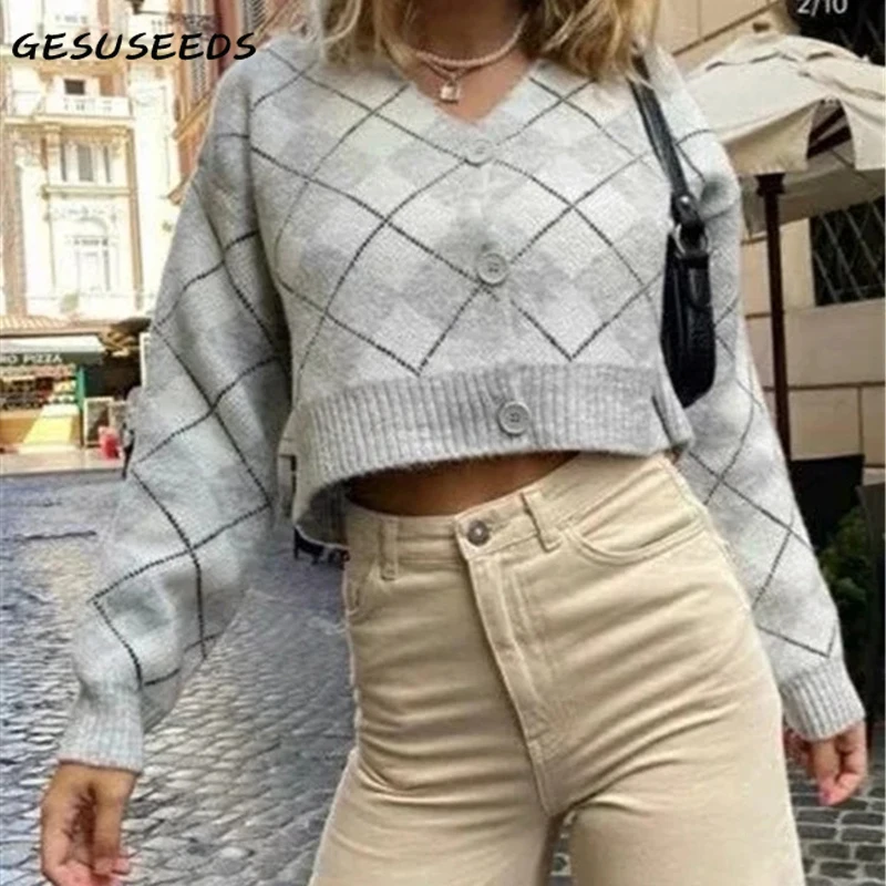 

Vintage Cropped Cardigan Women Knitted Sweater Long Sleeve Argyle Sweater Korean V Neck Top Chic Loose Streetwear Women 2021