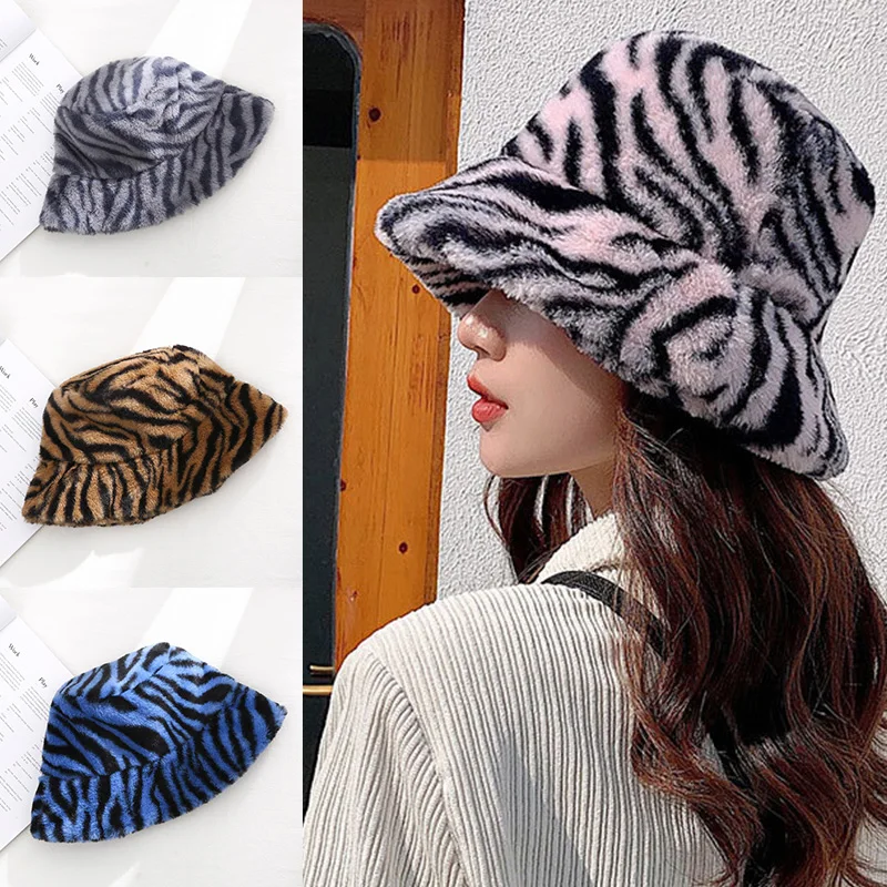 

шапка New Plush Bucket Hat Zebra Stripes Foldable Basin Hat Autumn Winter Warm Fur Fisherman Cap Women Outdoor Windproof