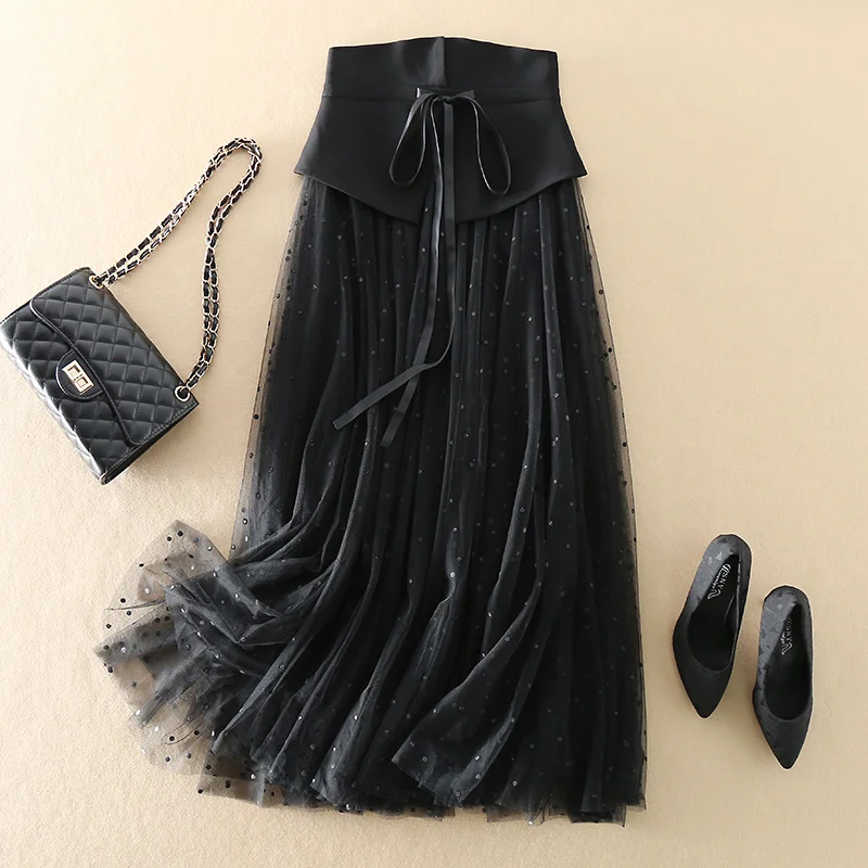 

Women Mesh Polka Dot Skirt French Elegant Beauty Fairy Elegant Long Length Cummerbunds Empire Waist Skirts Female New