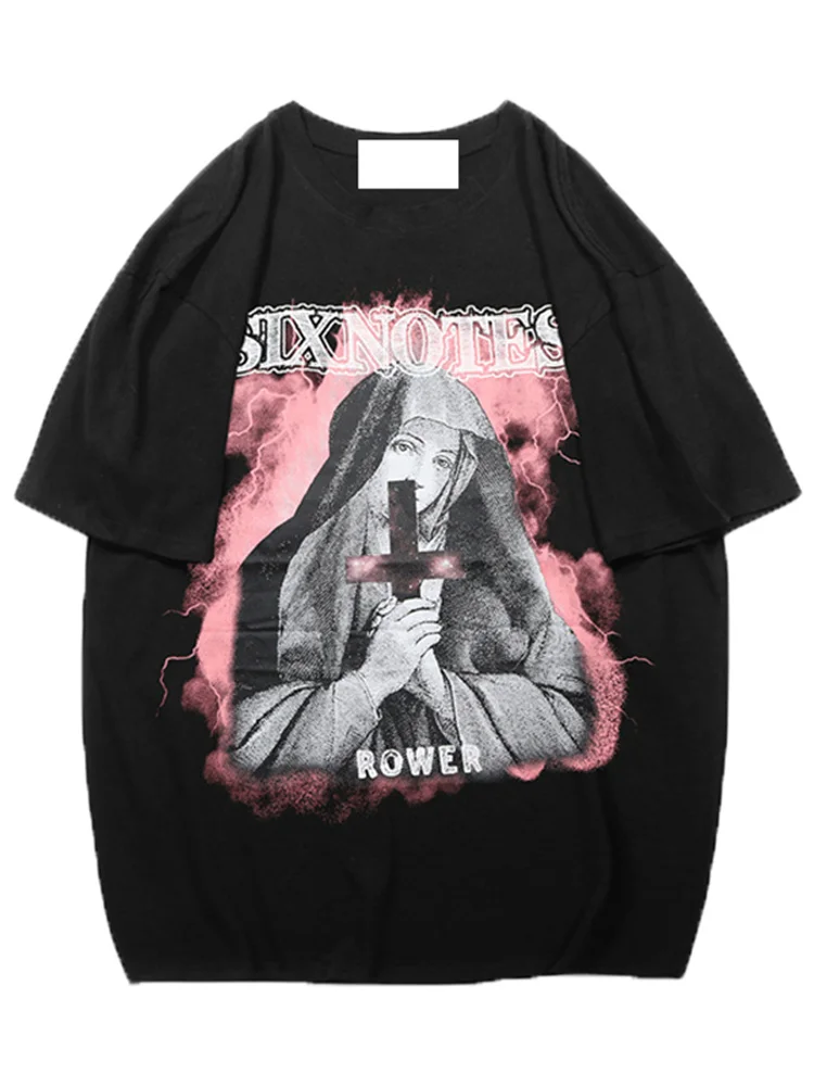 

WHOHOLL Man Women Unisex T-shirt Statue Of Virgin Mary Print Hip Hop Street Fashion Brand Loose Round Neck Short Sleeve T-shirt