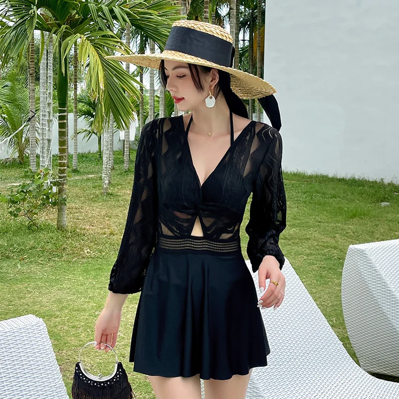 

New 2021 Japan South Korea One Piece Long Sleeve Swimsuit Women Black White Colors Young Girl Hot Spring Swimwear Yarn Skirt