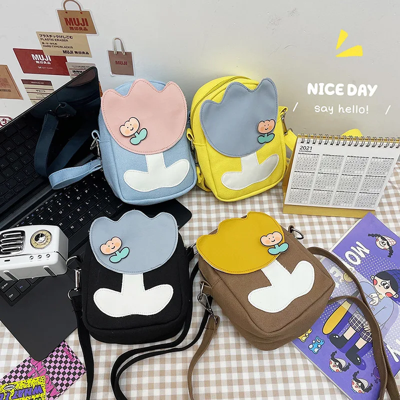 

Korean Women College Style Cute Flowers Small Shoulder Bag Student Hit Color Canvas Small Bag Japanese Girl Messenger Bag