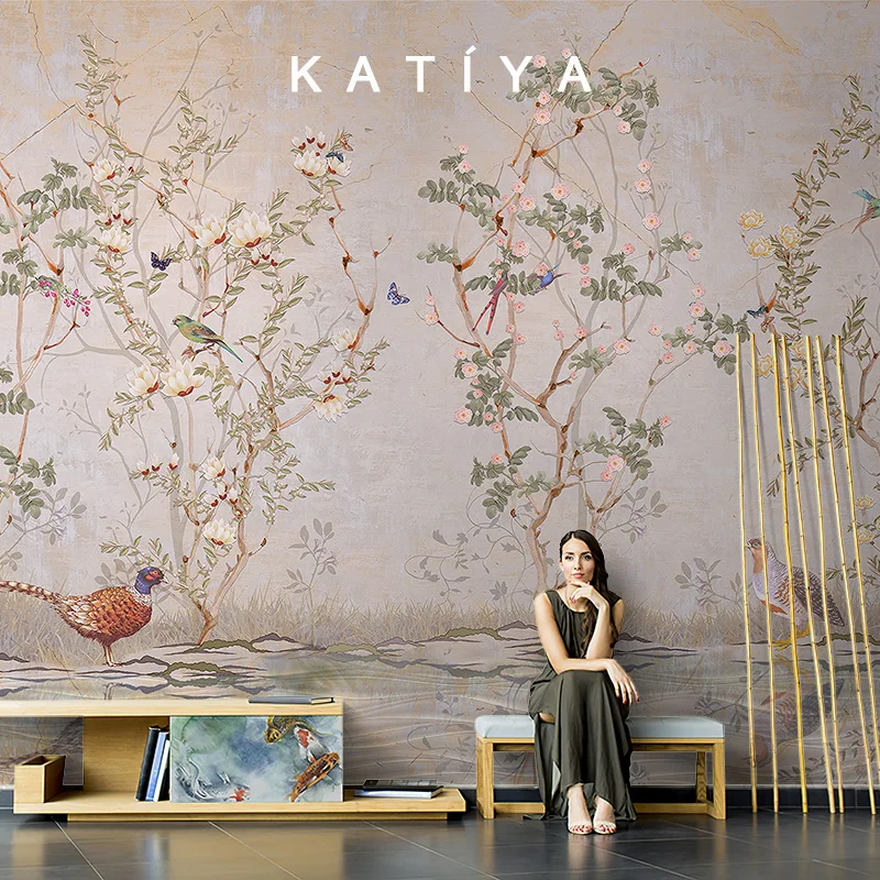 Custom flower and bird wallpaper new Chinese pastoral living room bedroom sofa background wall hotel decorative mural | Обустройство