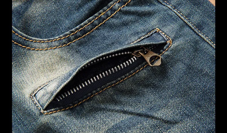 

Men's patchwork biker jeans blue holes ripped skinny stretch denim pants Trousers The locomotive pants Straight type Plus size42