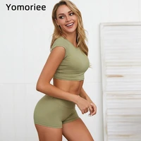 yoga sports suit gym running training fitness workout top two piece set naked feel solid color crop shorts sleeve and shorts