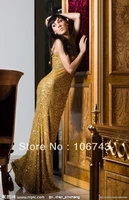 free shipping 2018 new fashion long design vestido de festa gold paillette formal elegant party gown bridemaid dresses