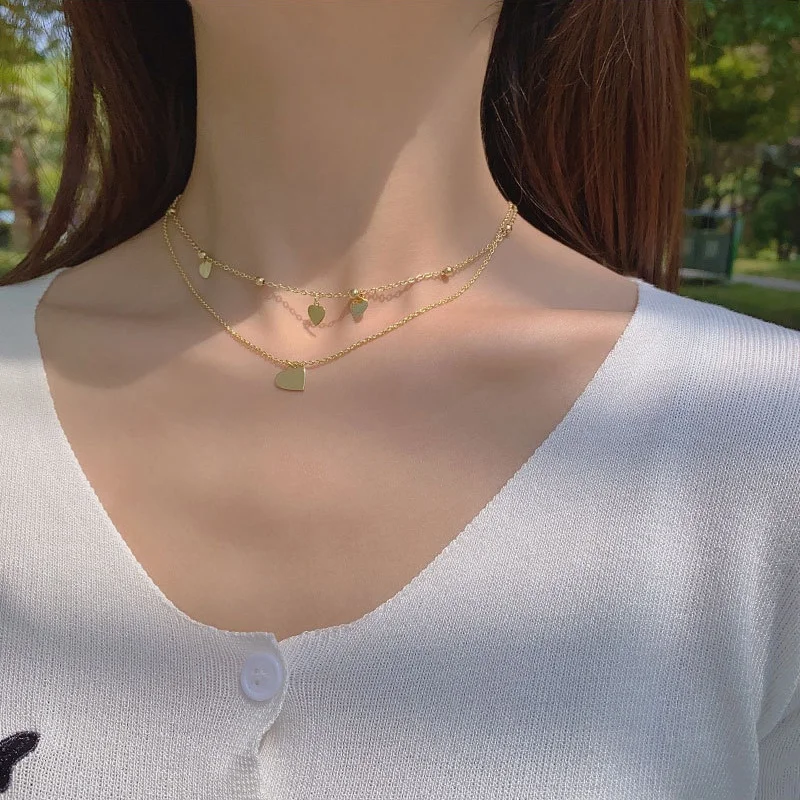 

xiaoboACC Golden Double Layer Chockers for Women Korean Fashion Short Love Heart Chain Necklace Jewelry Set Dropshipping