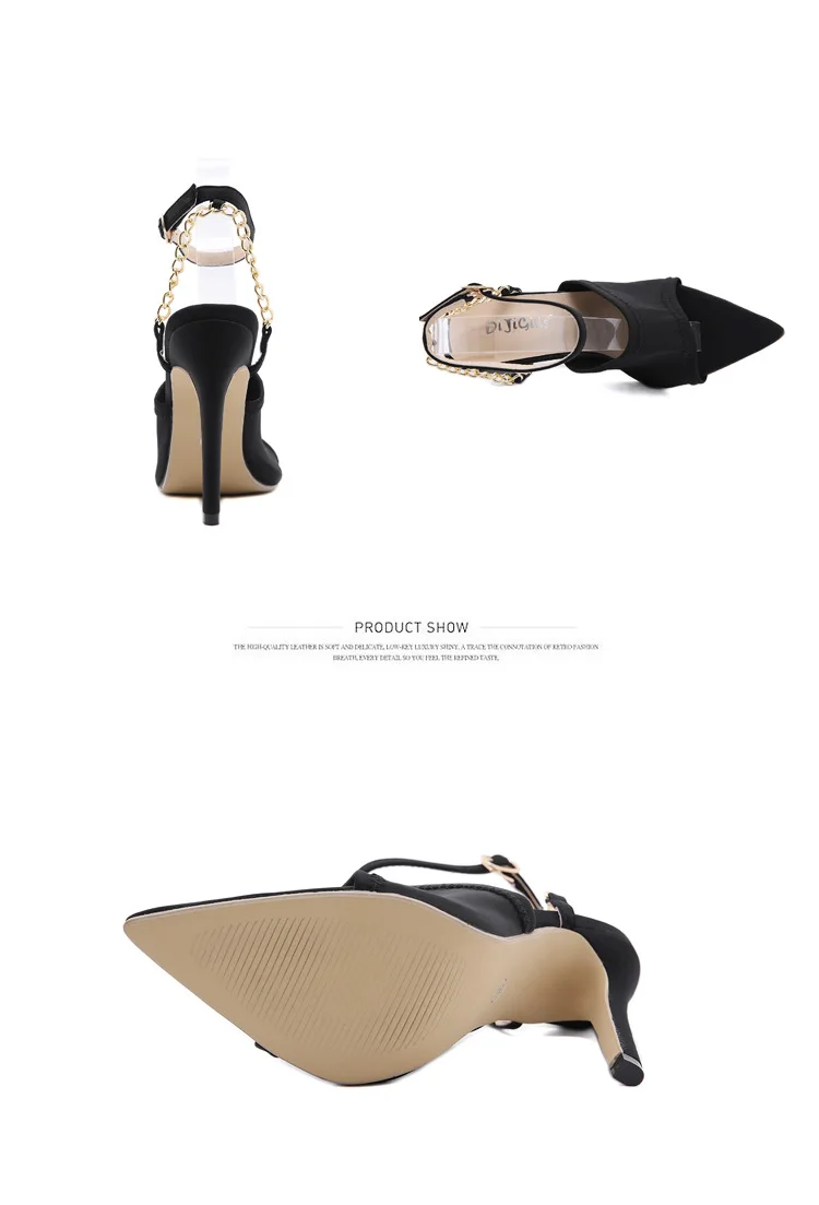 

2021 NEW Summer Women's Shoes Metal chain Retro Pointed Toe High Heels Stretch Fabric Narrow Band Fashion Sexy Sandalias Mujer