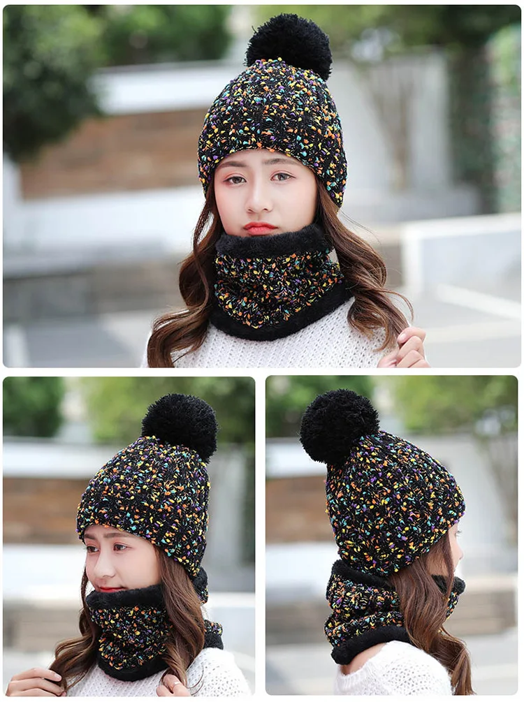 Fashion Winter Hat Scarf Set For Women Girl Warm Beanies Cap Lady Ring Scarf Pompoms Winter Hats Knitted Caps Scarf 2 Pieces