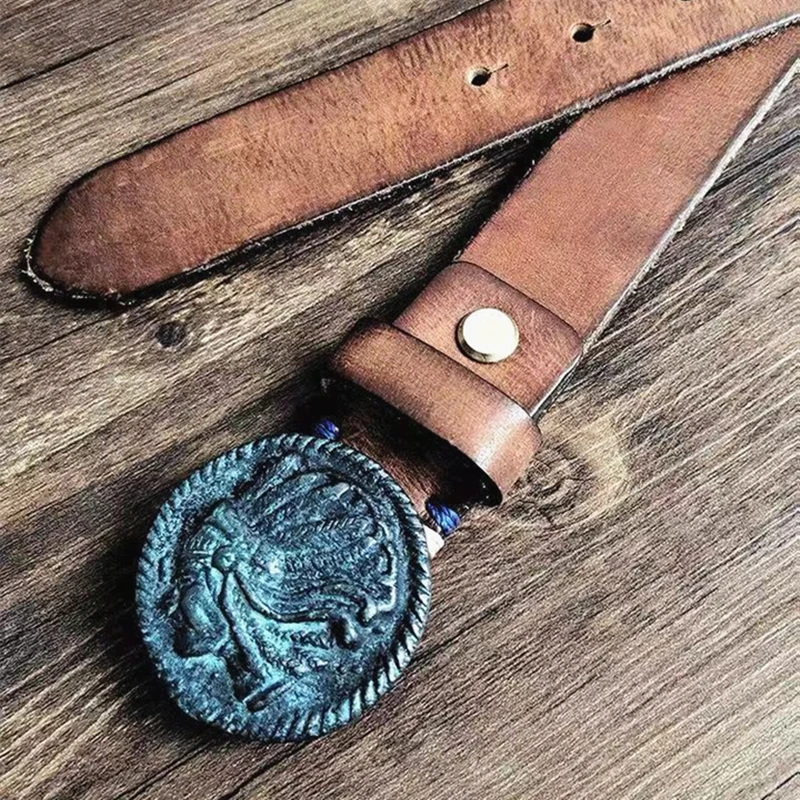 

Мужской ремень из мягкой натуральной воловьей кожи, повседневный винтажный Роскошный пояс с круглой латунной пряжкой с гравировкой, ручная...