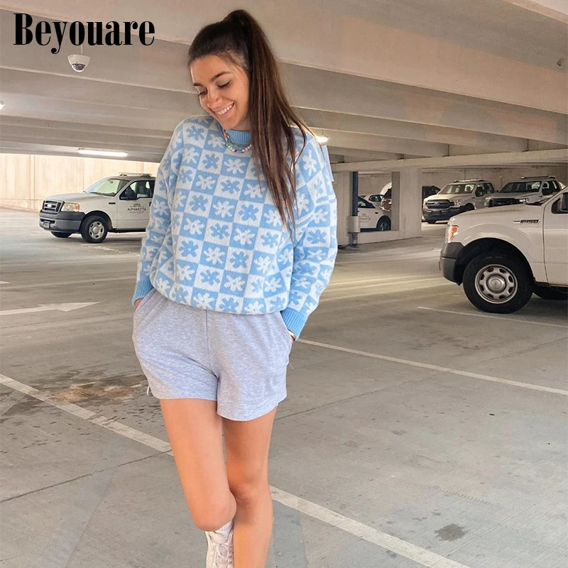 

Beyouare Preppy Style Women Sweater Panelled Floral Print O Neck Long Sleeve Loose Pullover 2021 Autumn Sweet Casual Elegant Top