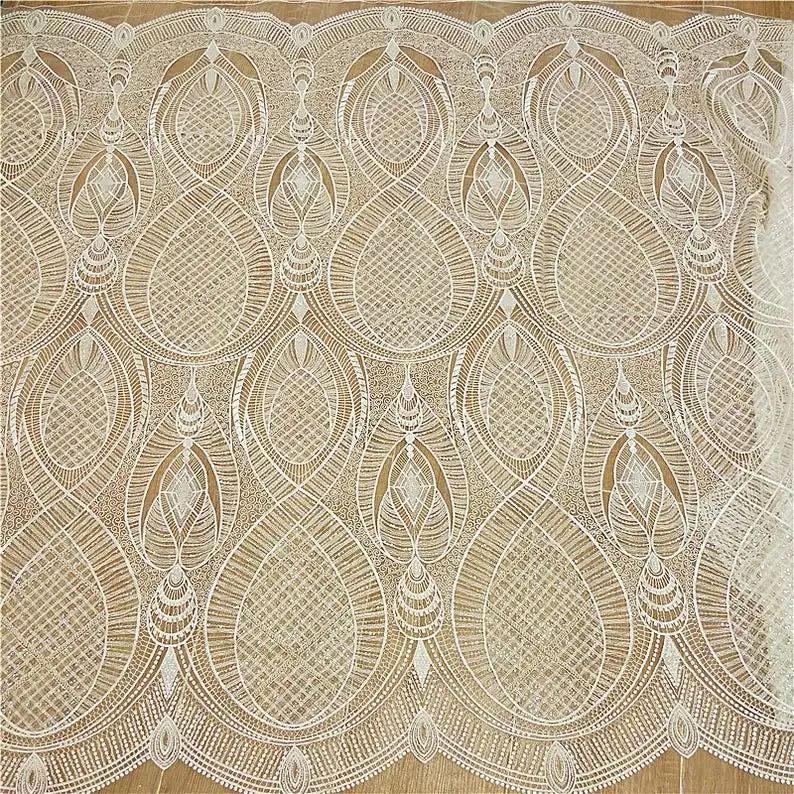 Geometric Heavy Beaded Fabric, Ivory Sequins Lace Fabric, Wedding Gown Lace Fabric By Yard 51
