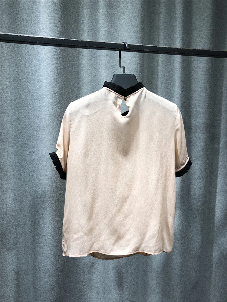 

Lace Stand Collar Contrast Short Sleeve Silk T-shirt Femme String Beads Light And Comfortable T Shirt Women 2021New Summer