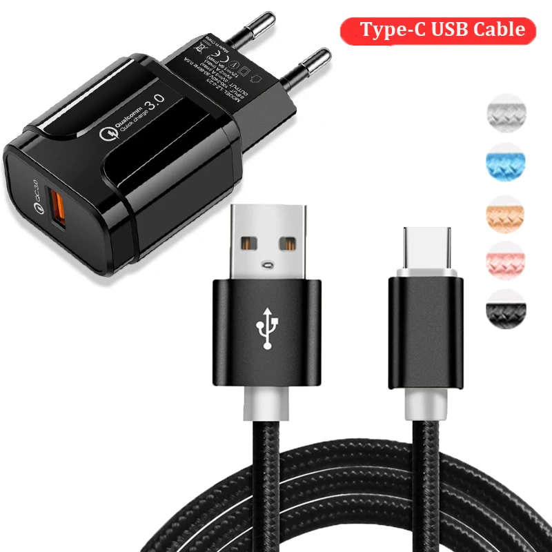 

Адаптер для быстрой зарядки QC 3,0 с европейской вилкой, USB-кабель Type-C для Xiaomi Mi 8 9 10 Lite A3 Redmi Google Pixel 2 3 3a 4 XL, дорожное зарядное устройство