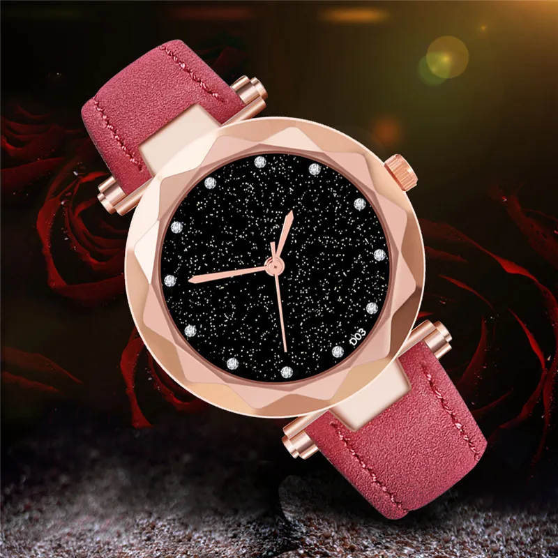 Simple Casual Ladies Watch Matte Leather Diamond Wrist Starry Sky Dial Retro Women creative Fashion Clock relogio feminino | Наручные