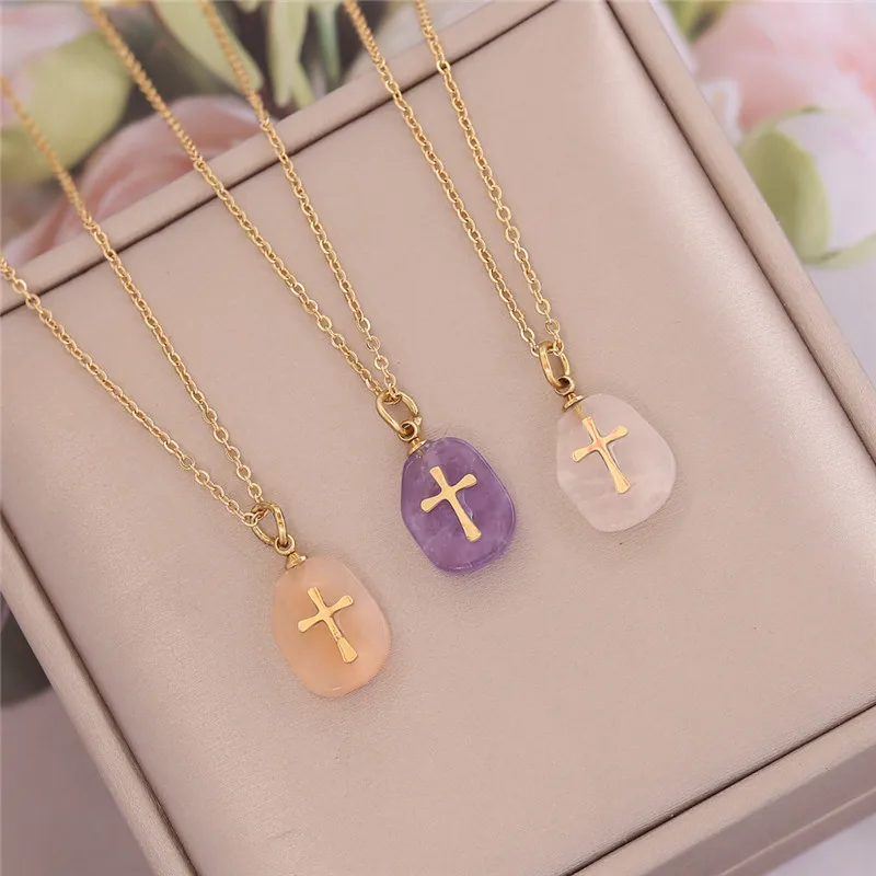 

Colorful Natural Stone Cross Pendant Necklace For Women Men Stainless Steel Gold Chain Necklace Fashion Jewelry