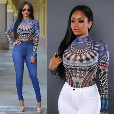 

2021 New Sexy Women Tattoo Tribal Print Stretchy Bodysuit See-Through Mesh Sheer Long Sleeve Top Lady Clubwear O Neck Bodycon