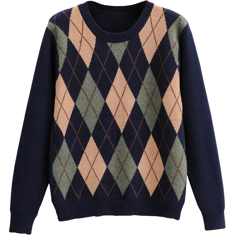 

WOMENGAGA Winter Diamonds Lattice Long Sleeve Knitted Sweater Women Crew Neck Loose Contrast British Style Pullover Tops MOQL