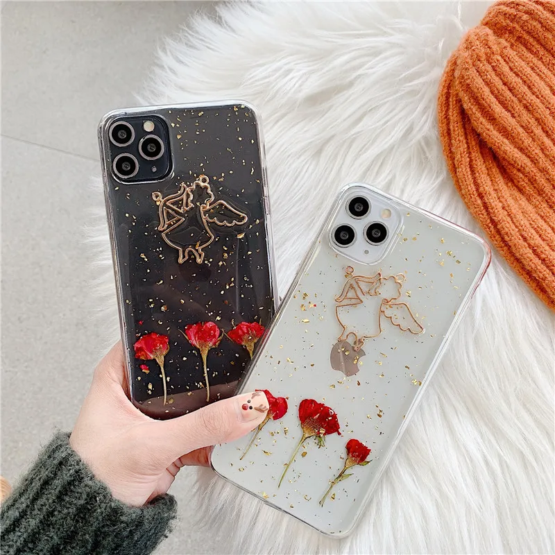 Luxury Glitter Gold Foil Angel Phone Case For iphone 11 Pro Max X XS XR 7 8 Plus Back Cover Fashion Dried Rose Cases Capa |