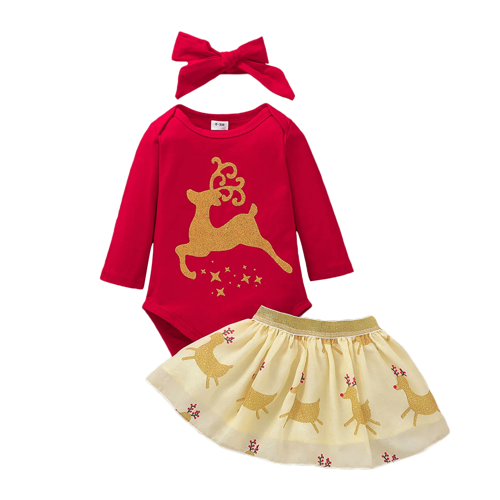 

Pudcoco 0-18M 3Pcs Christmas Costumes Cartoon Deer Print Red Bodysuit+Mesh A-Line Skirt+Headdress Clothes Outfit Sets
