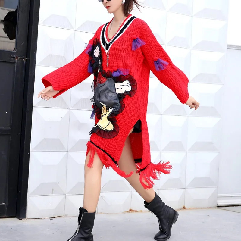 Трикотажное платье-свитер MUMUZI с V-образным вырезом женское милое Сетчатое платье