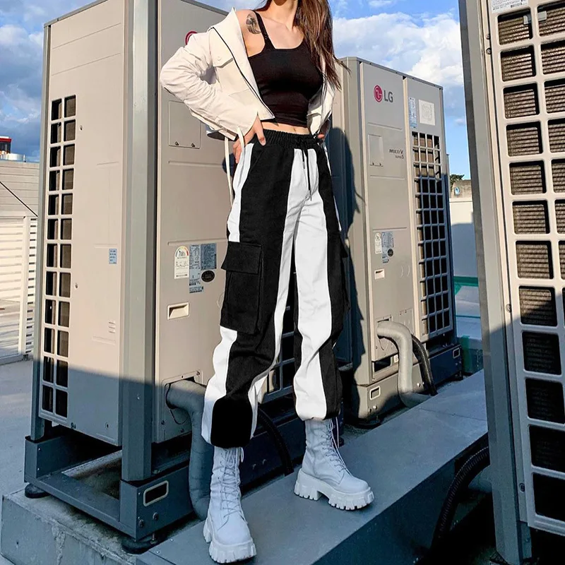 European American style street hip-hop trousers women's stitching contrast high-waist casual pants lace-up trousers overalls