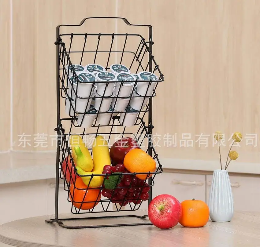 

2 Tier Countertop Metal Fruit Storage Basket Multipurpose Rack for Holding Veggies, Snacks, K-cups, Sundries, Black