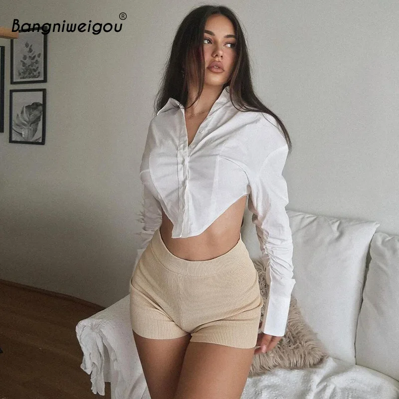

Bangniweigou turn down collar buttons cropped white shirt women long sleeve single breasted sweet commute t shirt y2k streetwear