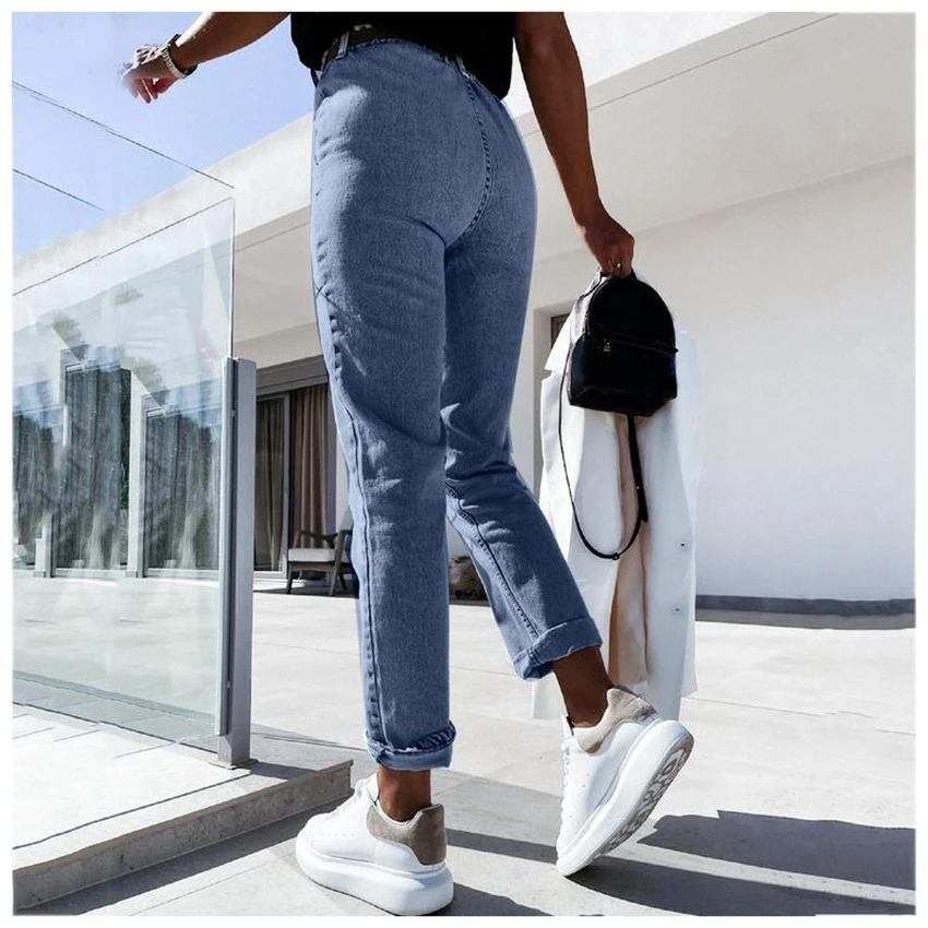 

Women Casual washed pants high waist Denim Boy friend long Pant Female Plus Size Wash Hole Denim Stitch Trousers Nightclub 2021
