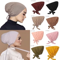 fashion premium jersey muslim inner cap stretch hijab with rope adjustable women underscarf solid color islamic turban hat