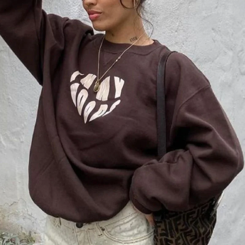 

Y2k Fashion Brown Women Sweatshirt Letter Print Long Sleeve Loose Pullovers Sweatshirts 2021 Spring Autumn Casual Sweatshirt