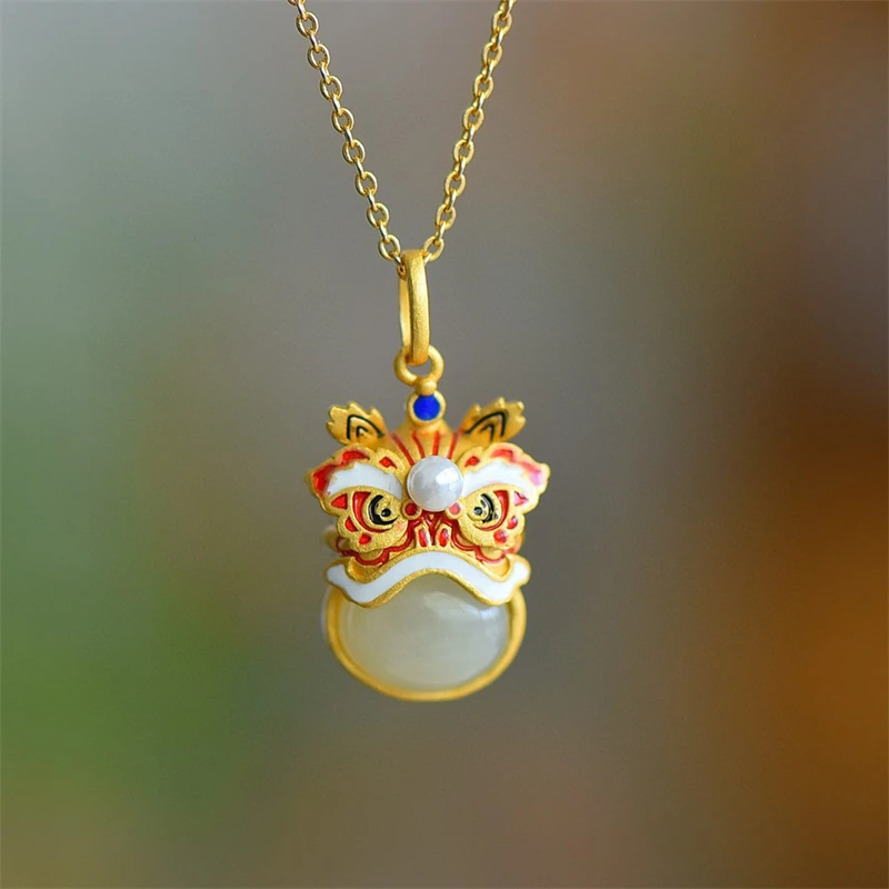

KOFSAC Vintage Chinese Style Enamel Color Lion Awakening Pendant Jewelry 925 Stertling Silver Necklaces For Women New Year Gifts