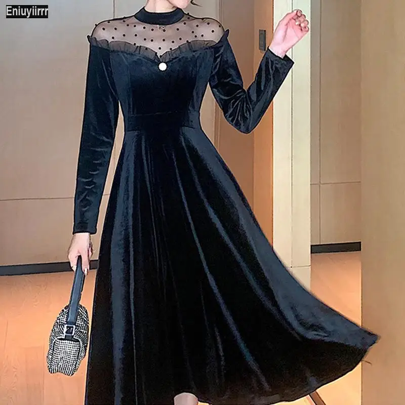 

Женское бархатное платье, длинное элеганвечерние лоскутное Сетчатое французское черное платье на новый год, зиму, весну, 2021